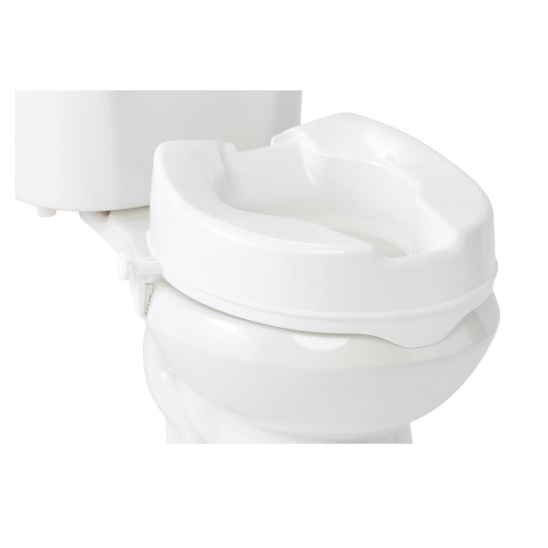 The Medline 4 Locking Raised Toilet Seats without Arms attaches securely to standard toilets, offering extra height and slip-resistant support for those with limited mobility.